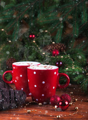steam over hot chocolate. Red cup with cocoa and marshmelow