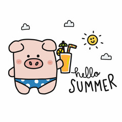 Hello summer cute pig were bikini and orange juice cartoon vector illustration doodle style 