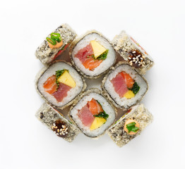 Set of fish rolls isolated on white, closeup