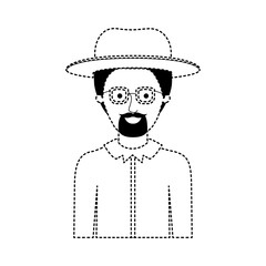 man half body with hat and glasses and shirt with short hair and goatee beard in black dotted silhouette vector illustration