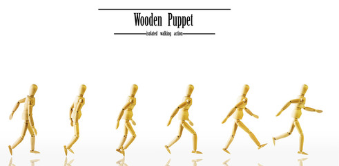 Wooden puppet walk action in white isolated