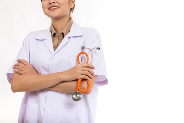 close up of Doctor is standing arms crossed with stethoscope on white background. Medical and Healthcare concept