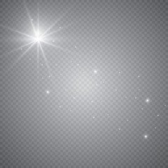 Comets effect with glowing light stars in sky. White falling meteorites isolated on transparent background. Vector cosmos flash starlight trail for your design.