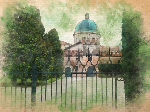 Watercolor pattern of Thiene Italy colorful illustration Santa Maria Annunciata Cathedral