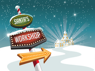Retro sign pointing to Santa's workshop at the North Pole. With copy space. EPS 10 vector illustration. - 182561264