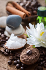 Coffee powder and salt scrub, spa and massage objects, wellness and relaxation concept