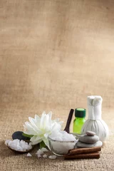 Tuinposter salt spa objects on textile background, wellness and relaxation concept © 1989STUDIO
