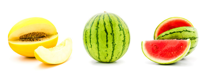 watermelon, honeydew. collection of cut slice and whol melons isolated on white background. Set for fruit salad, product or package design element