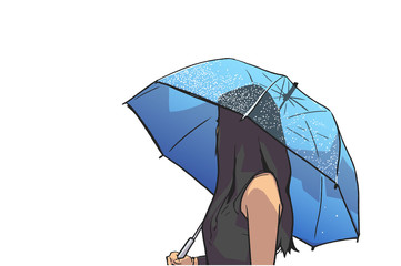 Isolated illustration of young woman holding umbrella and looking backwards in color