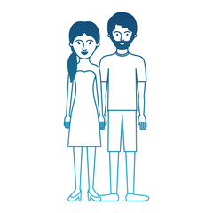 couple in degraded blue silhouette and her with strapless dress and heel shoes with pigtail hairstyle and him with t-shirt and short pants and shoes with short hair and beard vector illustration