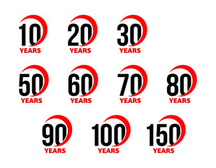 Anniversary sign set, black numbers with red abstract arc ribbon, birthday vector logo, business celebration icon collection.