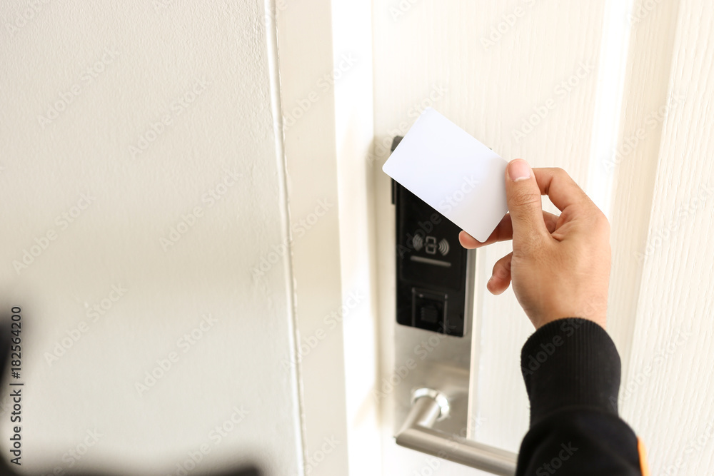 Poster using keycard to open the door or scan keycard open door for chance