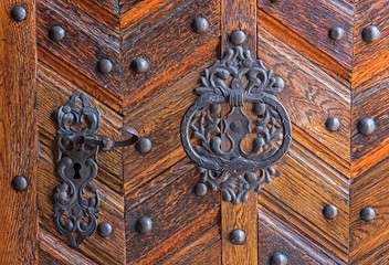 Medieval wooden door of the cathedral in Prague Castle