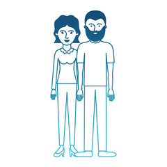 couple in degraded blue silhouette and her with blouse long sleeve and pants and heel shoes with short wavy hair and him with t-shirt and pants and shoes with short hair and beard vector illustration