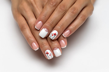 wedding French manicure with red poppies on short nails
