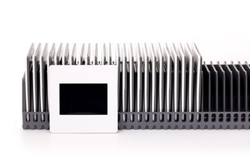 Row of slides in slide box on white background