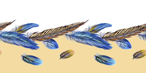 Seamless border of bird feathers, watercolor drawing.