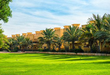 Fototapeta na wymiar Apartments and palm trees in Ras Al Khaimah
