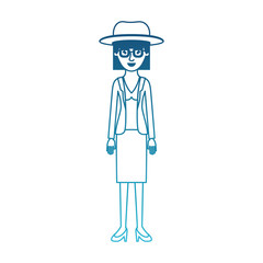 woman with hat and glasses and blouse with jacket and skirt and heel shoes with mushroom hairstyle in degraded blue silhouette vector illustration