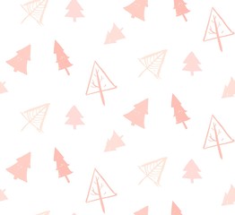 Hand drawn vector abstract Christmas decoration textured seamless pattern design with freehand brush painted Christmas trees in pastel colors isolated on white background