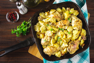 Roasted chicken leg with potatoes with caraway and garlic.