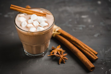 Hot chocolate with marshmallow on the wooden background. Shallow depth of field. Toned image.