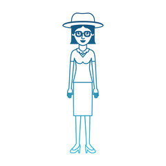 woman with hat and glasses and blouse and skirt and heel shoes with short straight hair in degraded blue silhouette vector illustration
