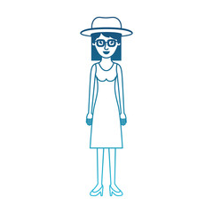 woman with hat and glasses and dress and heel shoes with mid length hair in degraded blue silhouette vector illustration
