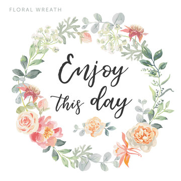 Romantic wreath with quote Enjoy this day. Card template. Pale pink roses and peonies with leaves on the white background. Vector illustration.
