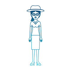 woman with hat and glasses and blouse with skirt and heel shoes with ponytail hair in degraded blue silhouette vector illustration
