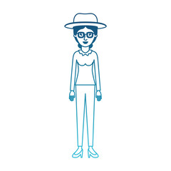 woman with hat and glasses and blouse long sleeve and pants and heel shoes with collected hair in degraded blue silhouette vector illustration