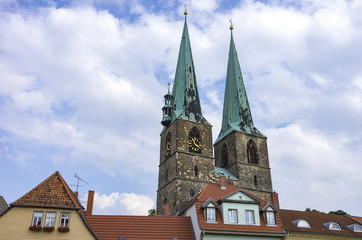 Fototapeta na wymiar The steeples of the parish church of St. Nikolai's in Quedlinburg, Saxony-Anhalt, Germany.