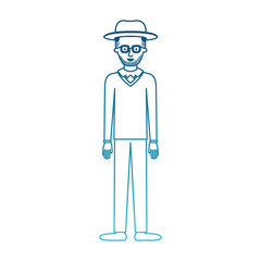 man with hat and glasses and sweater and pants and shoes with short hair and stubble beard in degraded blue silhouette vector illustration