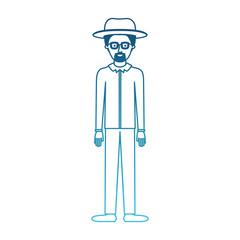 man with hat and glasses and shirt and pants and shoes with short hair and goatee beard in degraded blue silhouette vector illustration