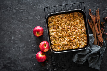 Apple pie with cinnamon, top view