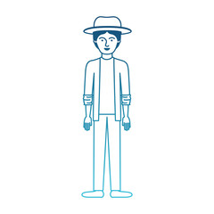 man with hat and jacket and pants and shoes with short hair in degraded blue silhouette vector illustration