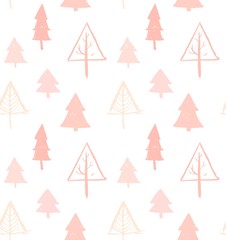 Hand drawn vector abstract Christmas decoration textured seamless pattern design with freehand brush painted Christmas trees in pastel colors isolated on white background