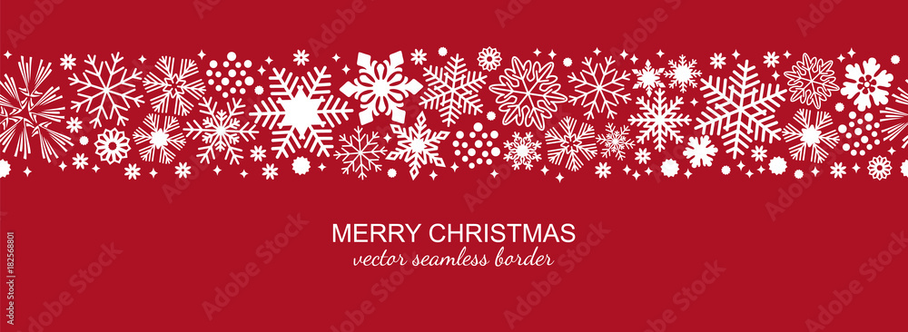 Wall mural white and red seamless snowflake border, christmas design for greeting card. vector illustration, me