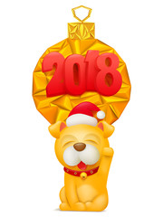 2018 Happy New Year greeting card with yellow dog cartoon character