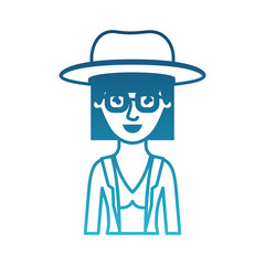 woman half body with hat and glasses and blouse with jacket with mushroom hairstyle in degraded blue silhouette vector illustration