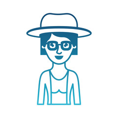 woman half body with hat and glasses and blouse with jacket and short hair in degraded blue silhouette vector illustration