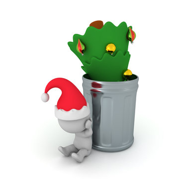 3D illustration of christmas tree thrown in a garbage can and sad Santa Claus