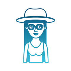 woman half body with hat and glasses and blouse sleeveless with long straight hair in degraded blue silhouette vector illustration