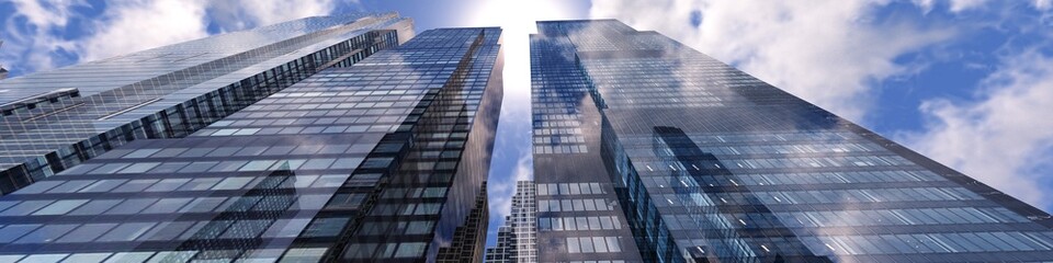 Beautiful skyscrapers against the sky with clouds, view from below, 3d rendering
