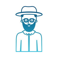 man half body with hat and glasses and shirt with short hair and beard in degraded blue silhouette vector illustration