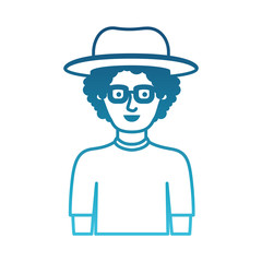 man half body with hat and glasses and t-shirt with curly hair in degraded blue silhouette vector illustration