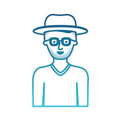 man half body with hat and glasses and sweater with short hair and stubble beard in degraded blue silhouette vector illustration