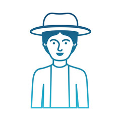 man half body with hat and jacket with short hair in degraded blue silhouette vector illustration