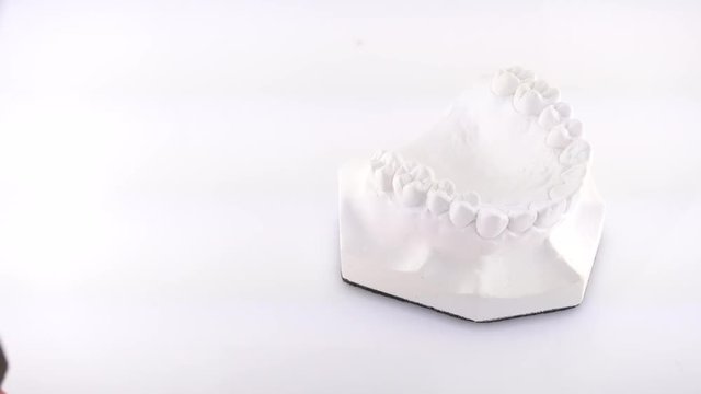 Hand of female doctor holding orthodontic dentures of ceramics