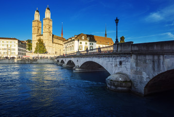 Zurich city center with famous Grossmunster and river Limmat, Switzerland
